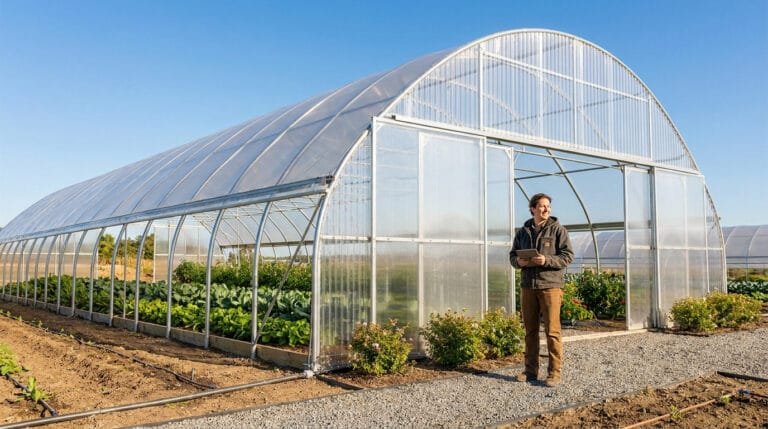 Un agriculteur avec une tablette devant une grande serre tunnel maraîchère.
