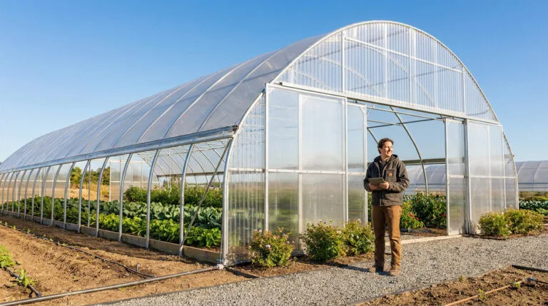 Un agriculteur avec une tablette devant une grande serre tunnel maraîchère.