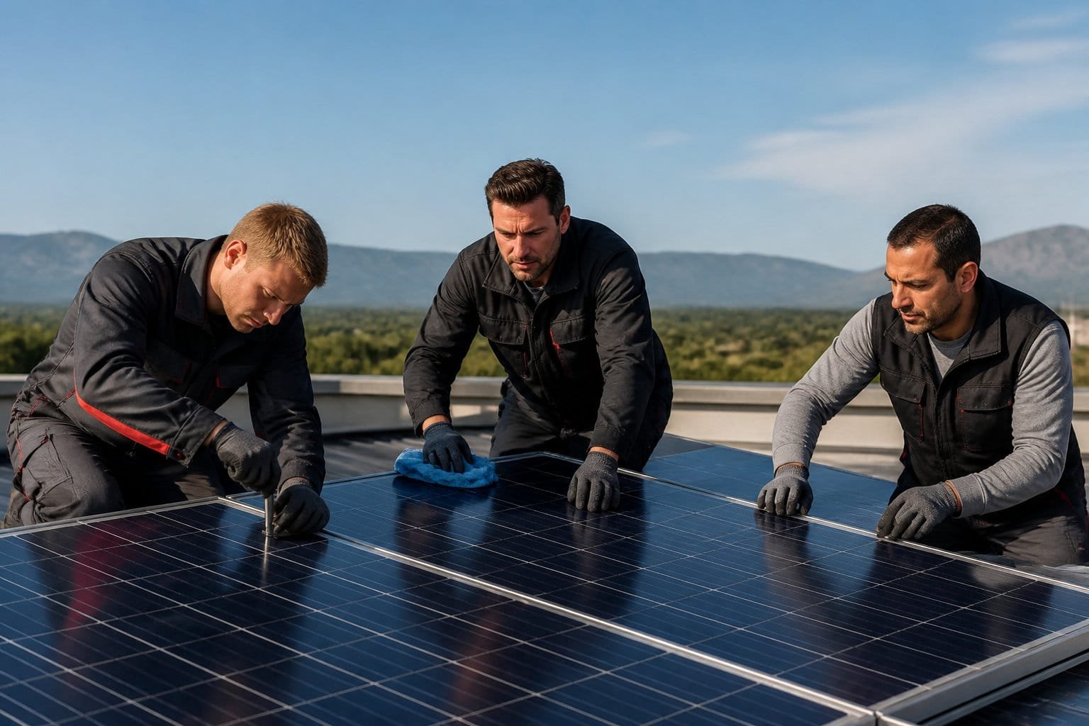 Technicien assurant la maintenance des panneaux solaires d'un hangar agricole