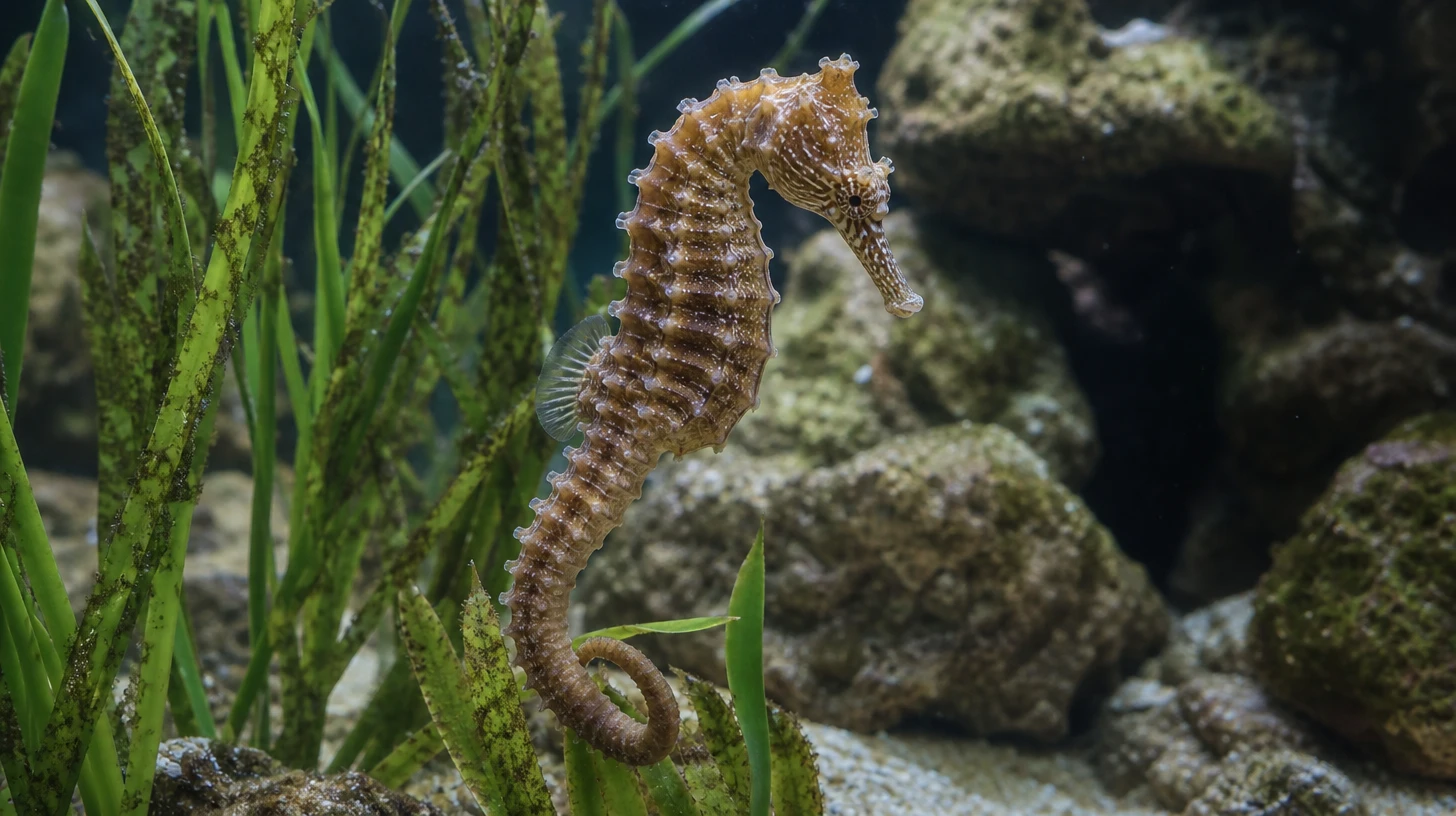 Hippocampe aquarium récifal : Hippocampus accroché à une macro-algue