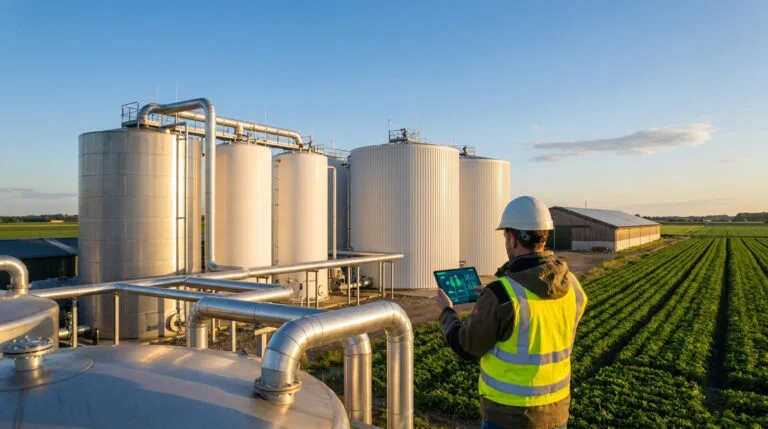 Un technicien avec une tablette devant des cuves de méthanisation sur une exploitation agricole.