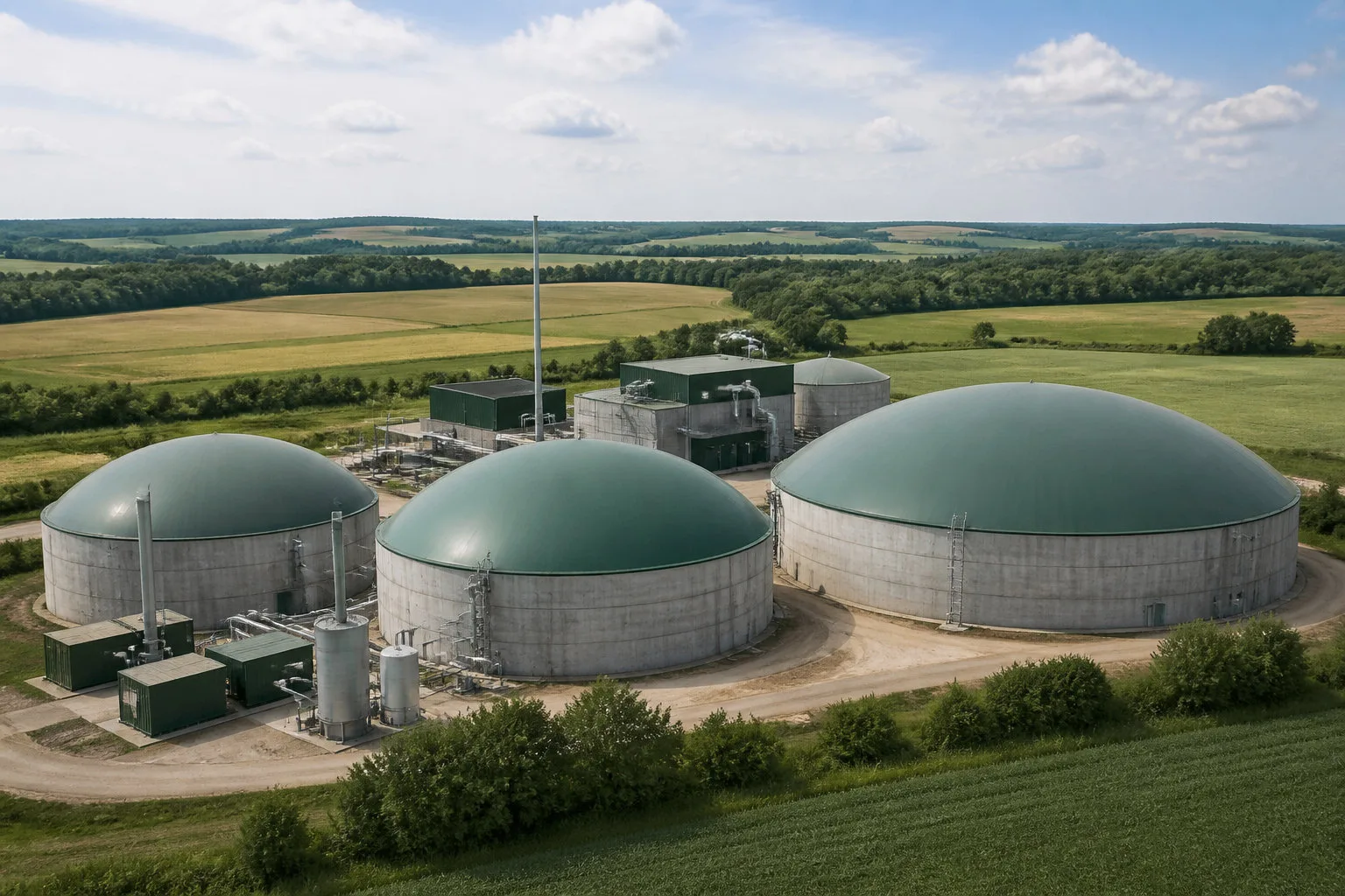 Vue aérienne d'une unité de méthanisation agricole : trois digesteurs à dôme vert et des locaux techniques au milieu des champs