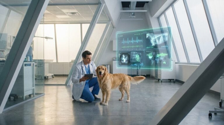 Un vétérinaire utilisant une tablette avec des données holographiques auprès d'un chien golden retriever en clinique.