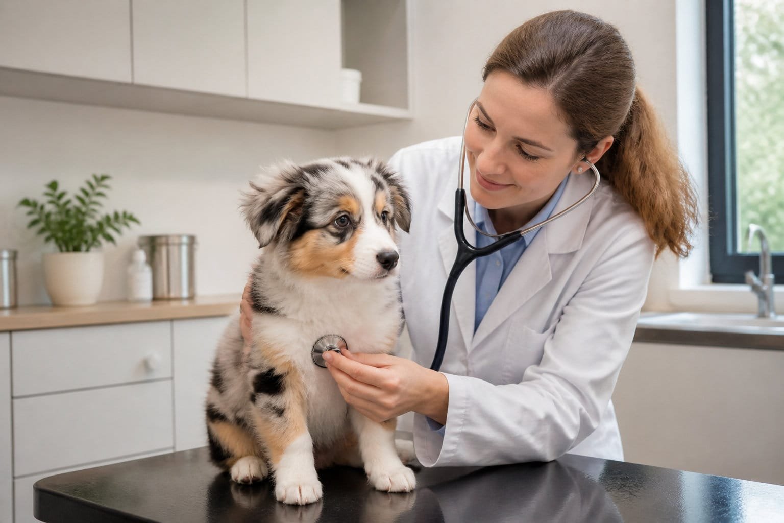 Une vétérinaire ausculte un chiot berger australien au stéthoscope dans un cabinet