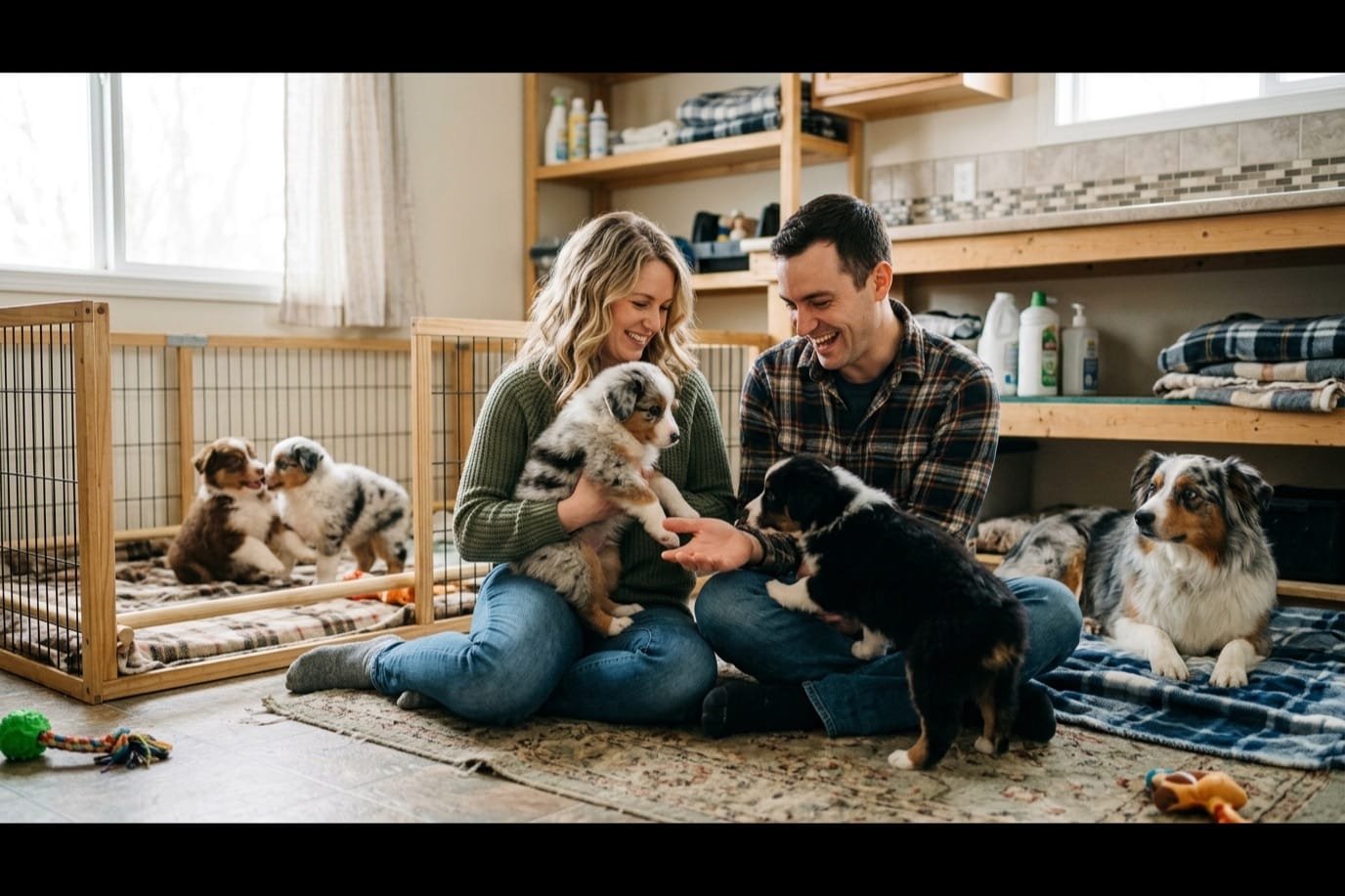 Un couple rencontre une portée de chiots bergers australiens chez l'éleveur : un chiot bleu merle dans les bras, un chiot noir tricolore au premier plan et la mère adulte à droite
