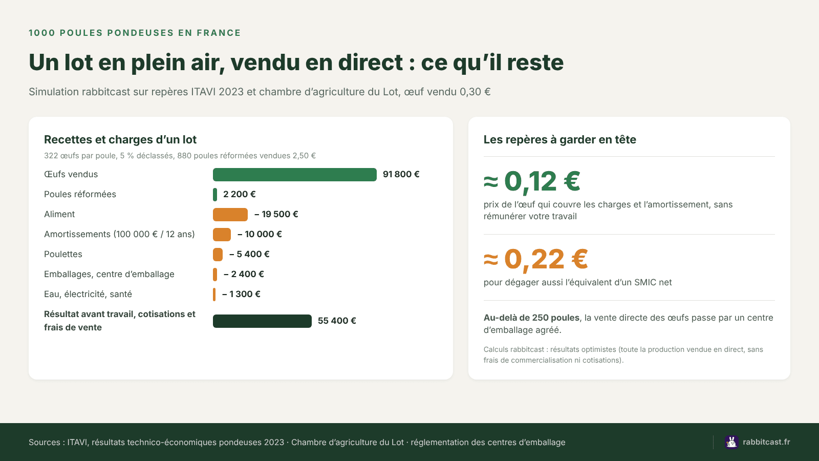 Simulation de rentabilité pour 1000 poules pondeuses en plein air : recettes, charges et résultat d’un lot, prix de l’œuf d’équilibre