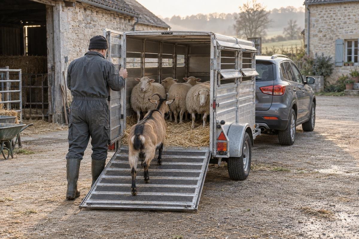Remorque bétaillère mono-essieu en aluminium et acier galvanisé attelée à un SUV compact gris, avec quatre brebis blanches sur de la paille et une chèvre alpine montant la rampe, dans une cour de ferme en pierre par une matinée lumineuse.