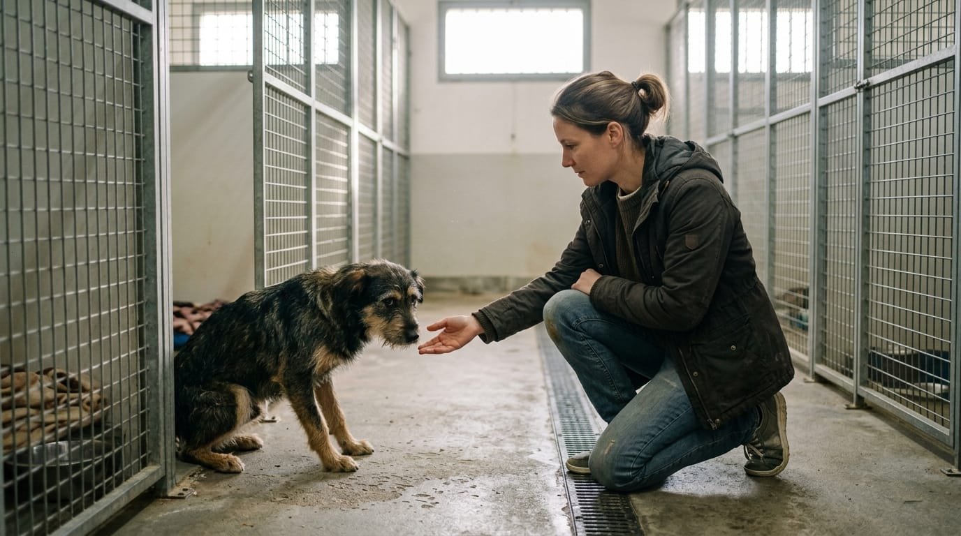 Bénévole de refuge tendant la main à un chien craintif dans un couloir de chenil