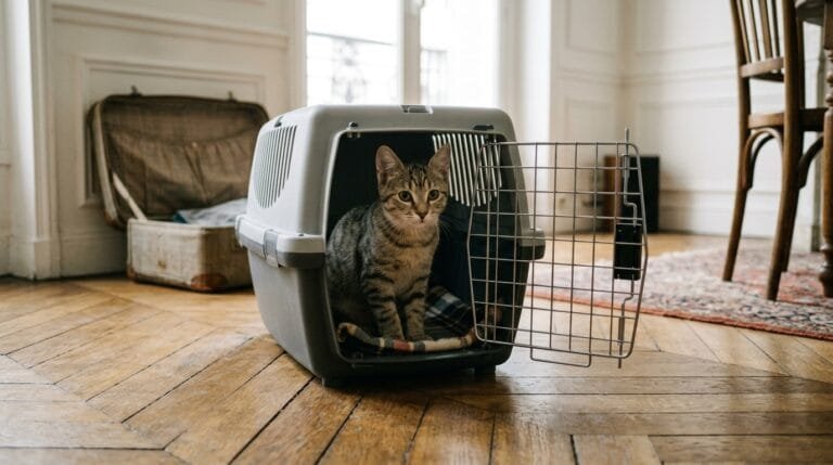 Jeune chat tigré assis dans une caisse de transport ouverte, dans un salon au parquet, une valise en arrière-plan