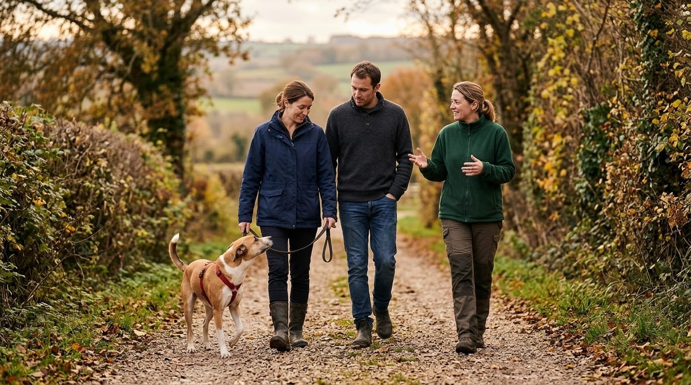 Couple qui promène un chien de refuge beige et blanc sur un chemin de campagne avec une bénévole, avant d’adopter un chien en refuge