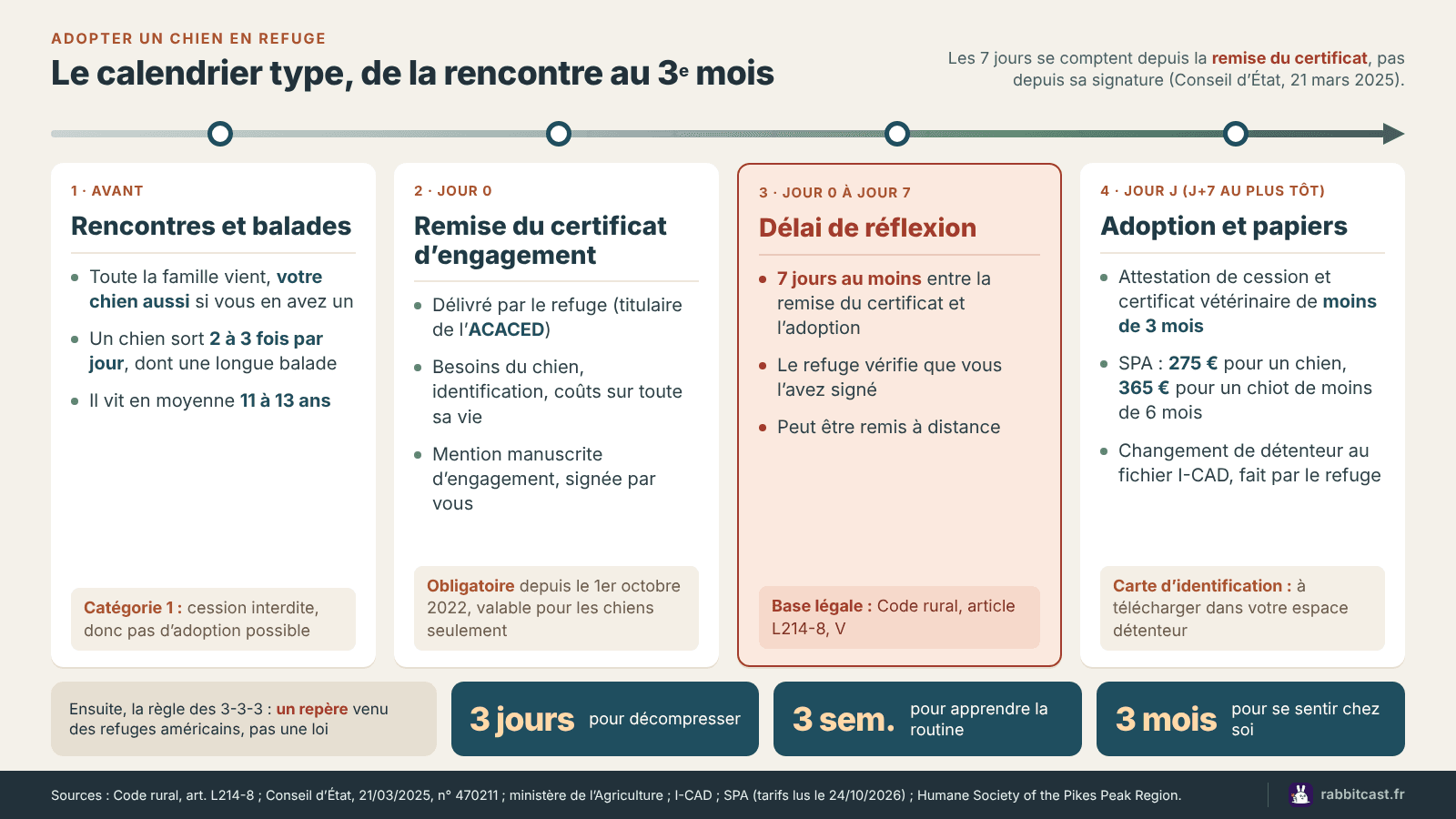 Schéma : le calendrier pour adopter un chien en refuge, des rencontres à la remise du certificat d’engagement, au délai de 7 jours, au jour de l’adoption puis à la règle des 3-3-3