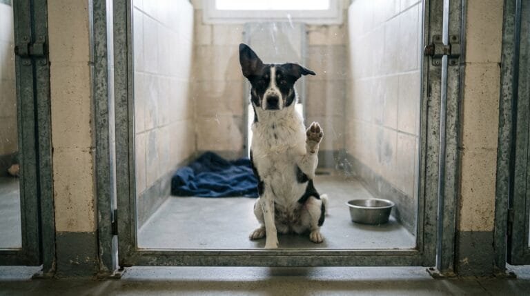Chien croisé noir et blanc assis derrière la porte vitrée de son box de refuge, une patte levée contre la vitre