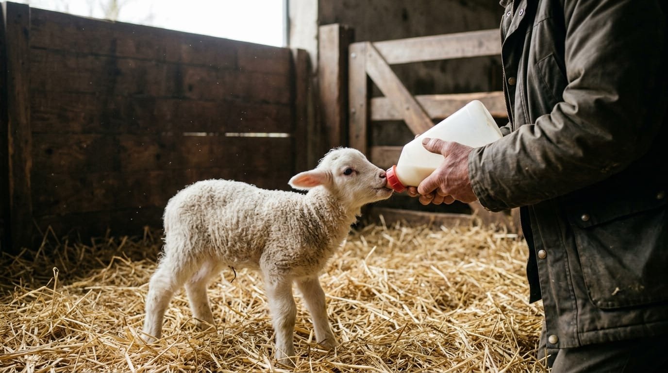 Agneau au biberon tenu par une éleveuse dans une bergerie paillée