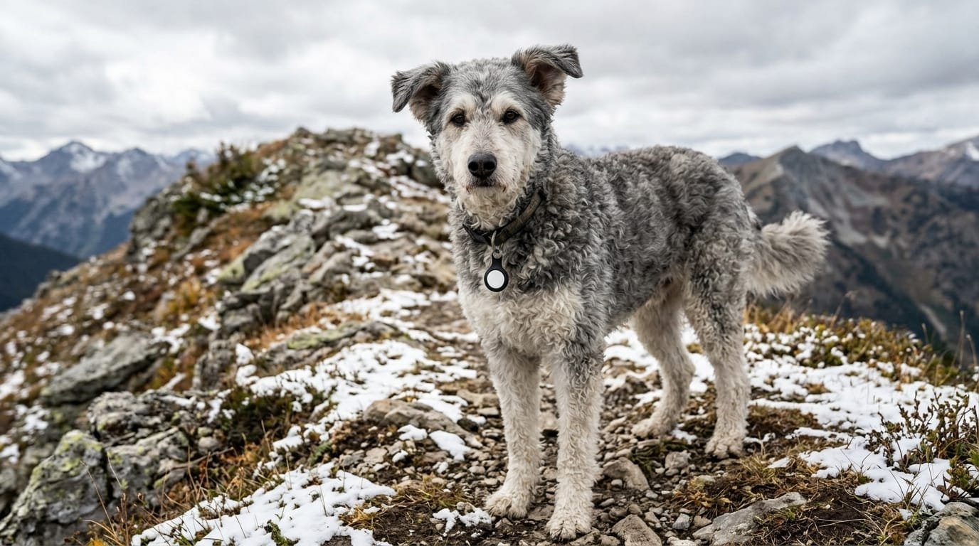 Chien croisé au poil bouclé sur une crête enneigée, un petit traceur rond accroché à son collier