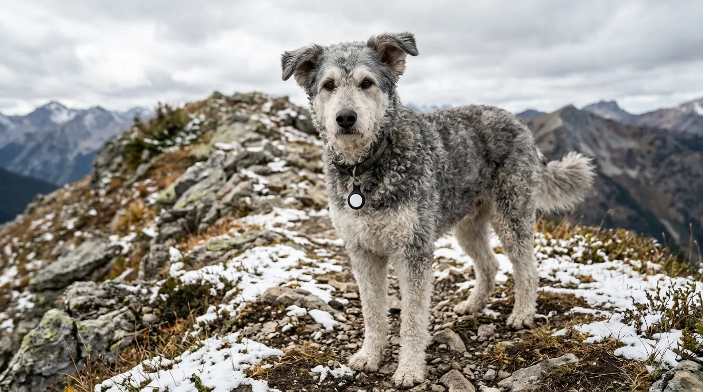 Chien croisé au poil bouclé sur une crête enneigée, un petit traceur rond accroché à son collier
