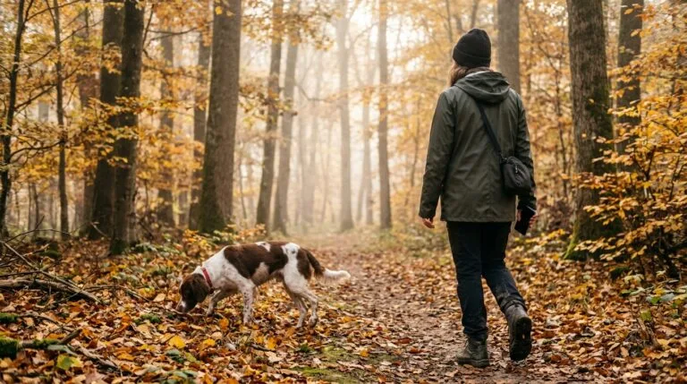 Promeneuse en forêt avec son épagneul équipé d'un petit traceur au collier