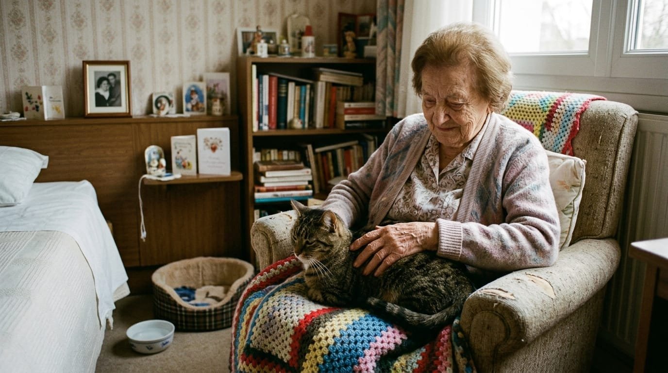 Animal de compagnie en EHPAD : une résidente âgée caresse son chat tigré dans le fauteuil de sa chambre