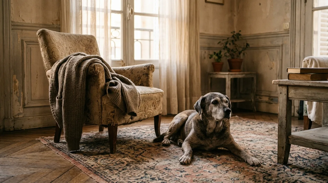Vieux chien couché sur un tapis au pied d’un fauteuil vide où pend un gilet de laine, dans un salon ancien baigné de lumière