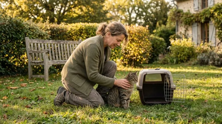 Une femme agenouillée dans un jardin d’automne caresse un chat tigré assis près d’une caisse de transport ouverte