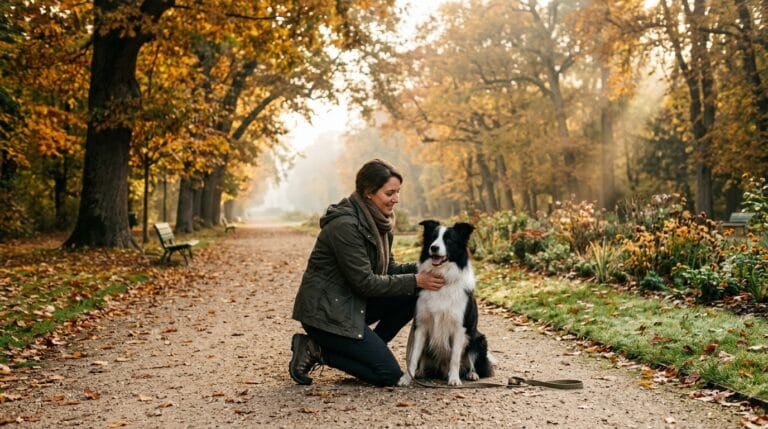Propriétaire et son border collie dans une allée du bois de Vincennes à l'automne, en route vers Animal Expo Paris