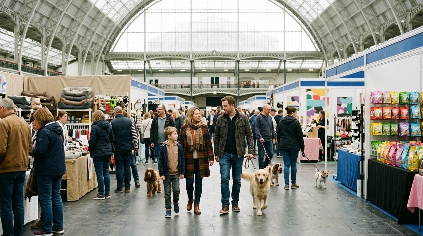 Visiteurs et chien en laisse dans un hall d’exposition au salon animal expo paris