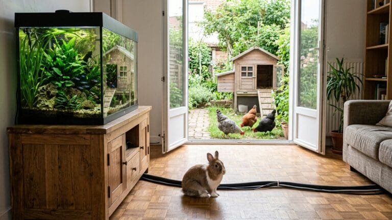 Lapin sur le parquet d'un salon, aquarium sur un meuble et poules dans le jardin : animaux de compagnie dans un logement loué