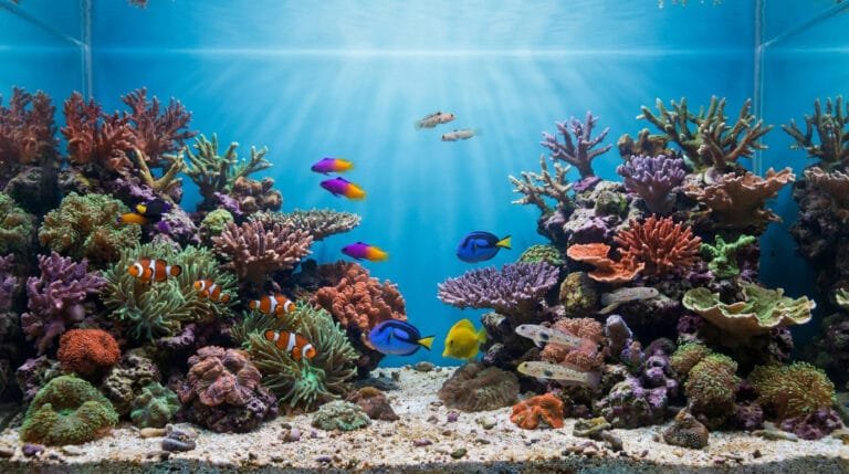 Un aquarium marin coloré avec divers coraux et poissons tropicaux nageant au milieu de roches récifales.