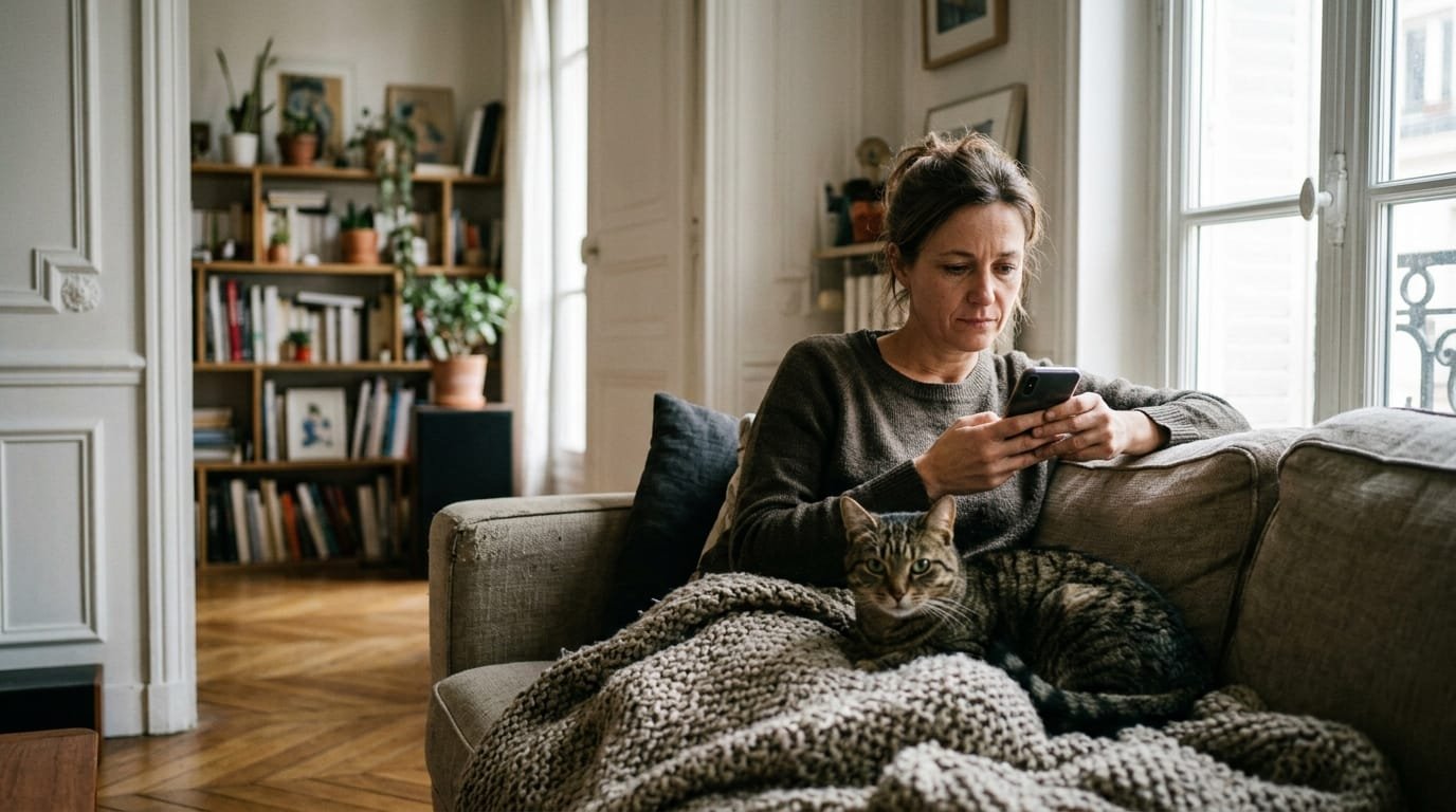 Propriétaire d’un chat tigré qui lit un SMS sur son téléphone, méfiante face à une arnaque I-CAD