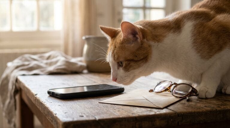 Chat roux et blanc qui renifle un smartphone posé sur une table, à côté d’une enveloppe