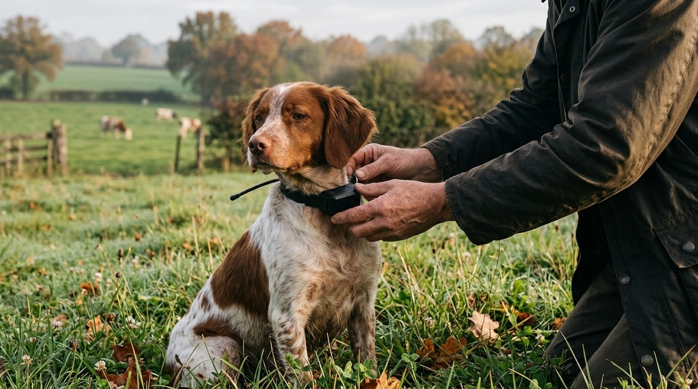 Propriétaire qui vérifie le boîtier d’un collier GPS sur un épagneul breton avant l’arrêt 2G collier GPS et réseau mobile