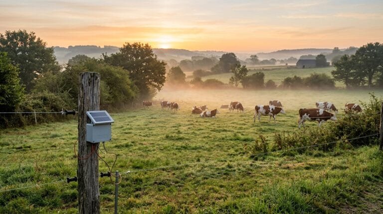 Vaches montbéliardes au pré à l’aube derrière une clôture électrique équipée d’un électrificateur solaire