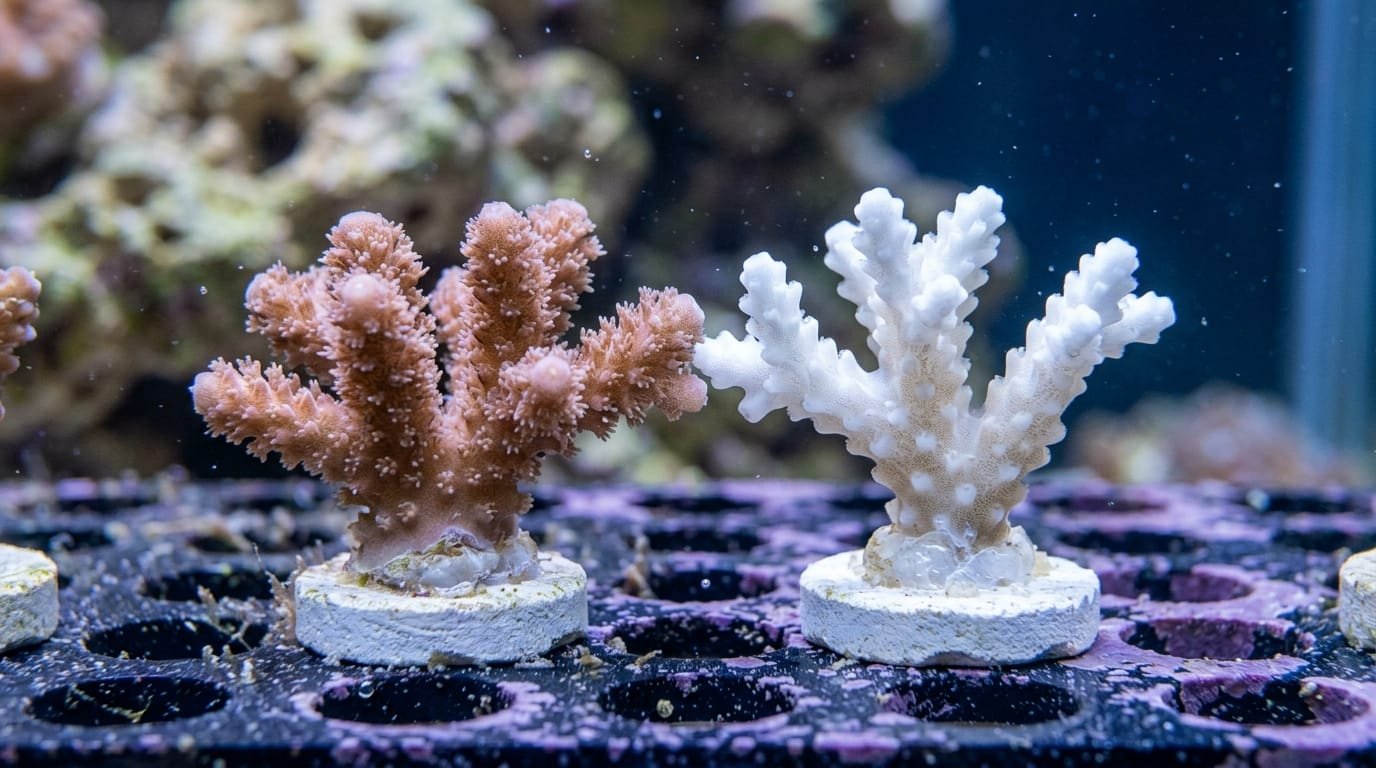 Blanchissement des coraux en aquarium : une bouture saine et une bouture blanchie sur leurs supports en céramique