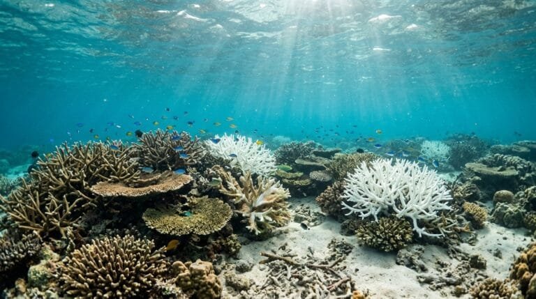 Blanchissement des coraux : bouture blanchie posée au contact d'une bouture saine en aquarium
