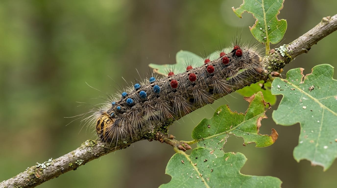 Chenille de bombyx disparate au dernier stade sur une branche de chêne, verrues bleues à l’avant et rouges à l’arrière