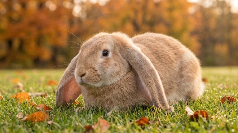 Lapin bélier fauve aux longues oreilles tombantes couché dans l'herbe en automne