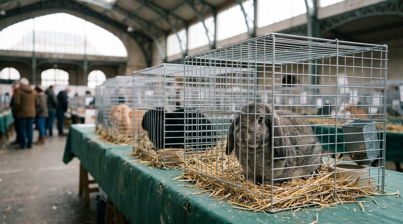 Lapins béliers aux oreilles tombantes dans des cages d’exposition, championnat de France lapins béliers