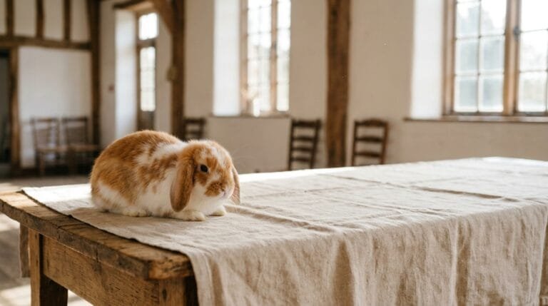 Bélier nain roux et blanc posé sur une table dans une salle d'exposition, avant le championnat de France lapins nains
