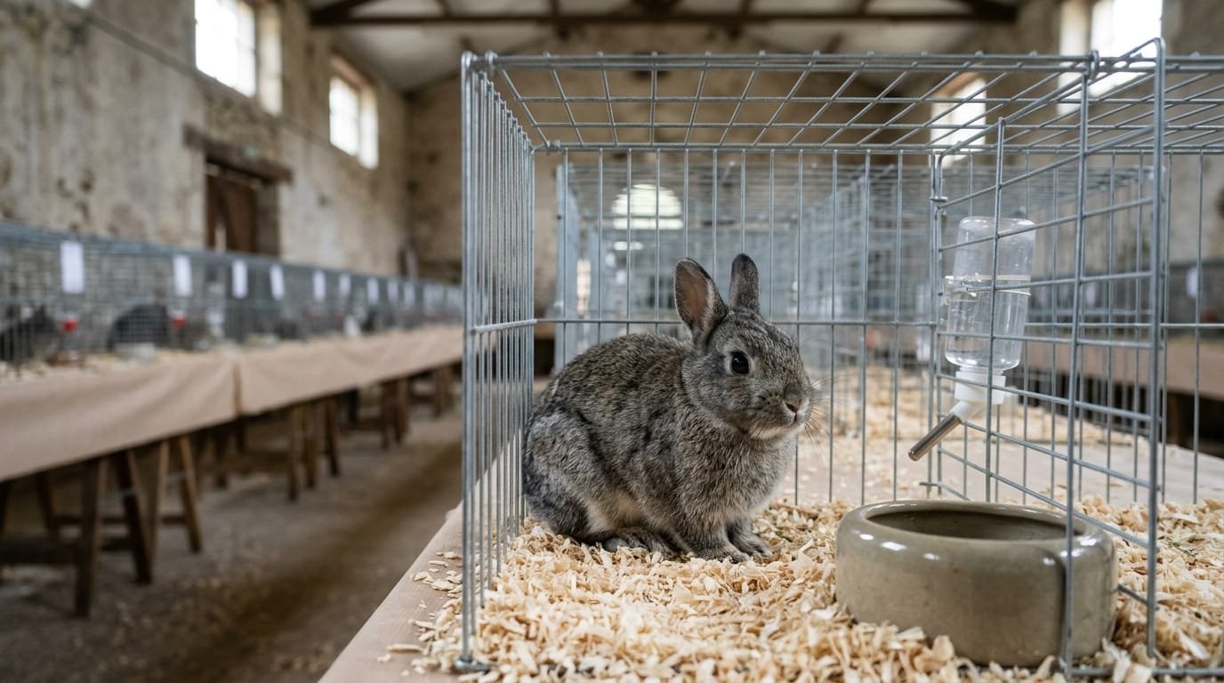 Lapin nain de couleur dans une cage d’exposition, comme au championnat de France lapins nains