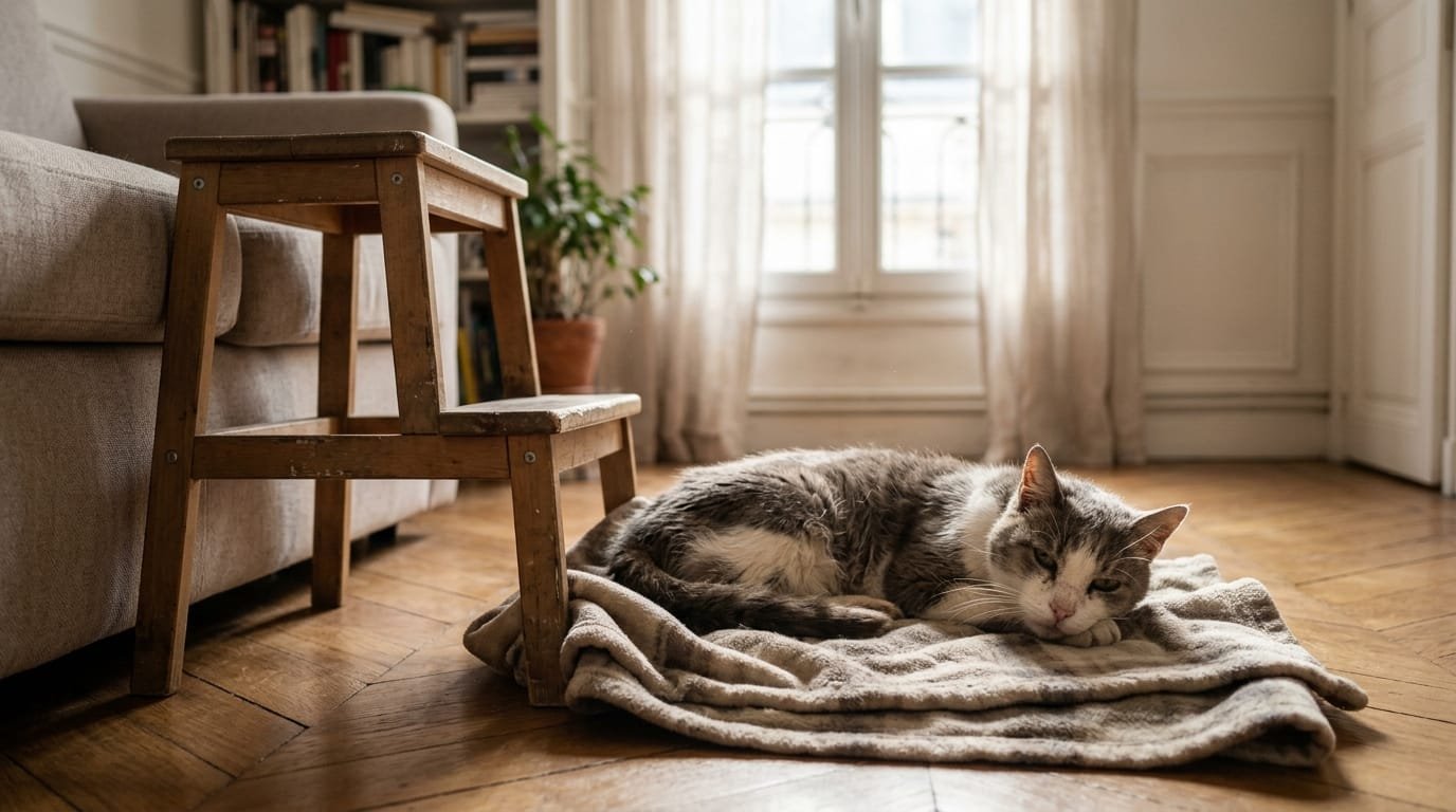 Chat âgé gris et blanc endormi sur un plaid près d’un marchepied qui mène au canapé