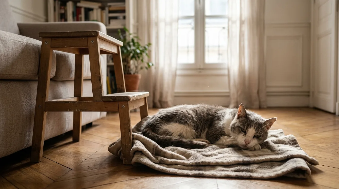 Chat âgé gris et blanc endormi sur un plaid près d’un marchepied qui mène au canapé