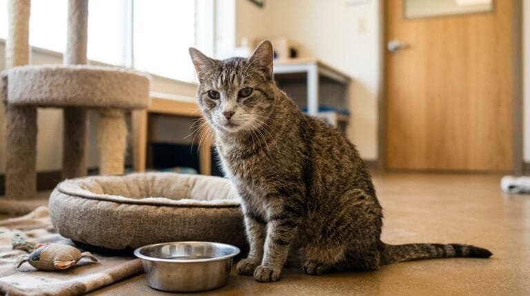 Vieux chat tigré au museau gris assis près d’un panier et d’une gamelle dans une salle de refuge