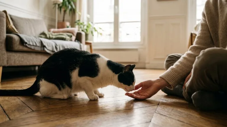 Un chat noir et blanc s’approche prudemment pour renifler la main tendue d’une personne assise sur le parquet