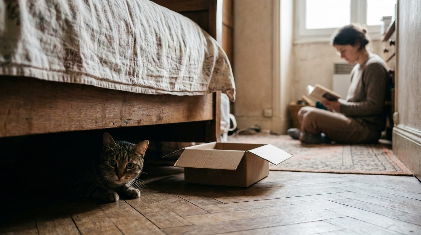 Chat craintif caché sous un lit, qui observe de loin une personne assise par terre dans la pièce refuge