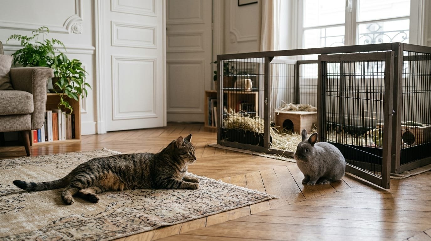 Chat et lapin au calme dans un salon, le lapin près de son enclos ouvert, à distance du chat