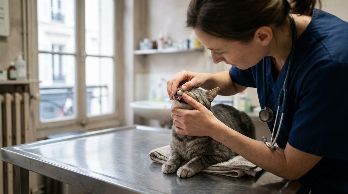 Vétérinaire examinant les gencives d’un chat FIV positif sur une table de consultation