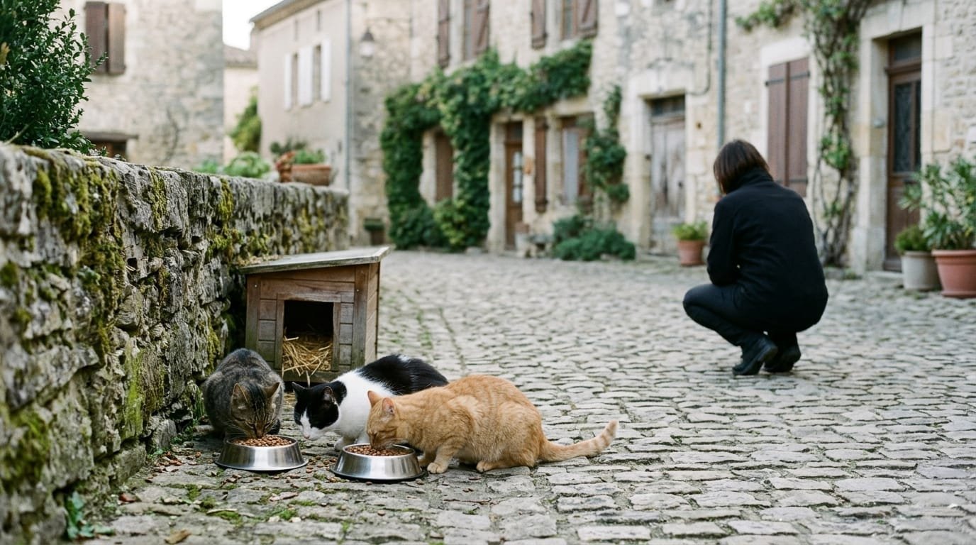 Chat libre tigré, chat noir et blanc et chat roux d’une colonie mangeant des croquettes dans des gamelles au pied d’un muret de village, sous l’œil d’une bénévole
