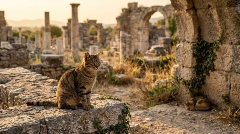 Chat tigré assis sur un muret de pierre au milieu de ruines antiques au soleil couchant, un autre chat endormi à l’ombre d’une arche