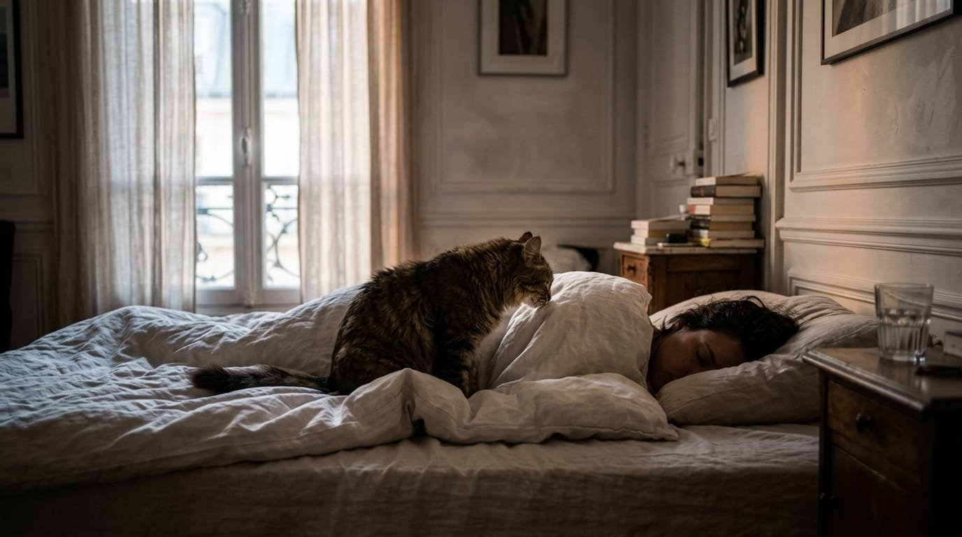 Chat me réveille le matin : chat tigré assis sur un lit près d’une personne endormie à l’aube