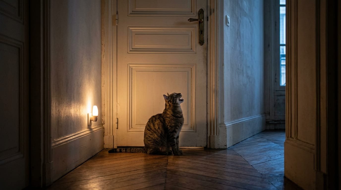 Chat qui miaule la nuit devant la porte fermée d’une chambre, dans un couloir éclairé par une veilleuse