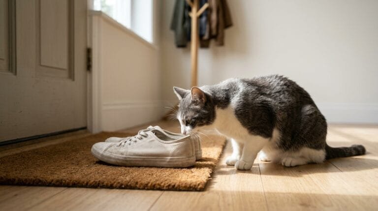 Chat gris et blanc qui renifle une paire de baskets posée sur le paillasson de l’entrée
